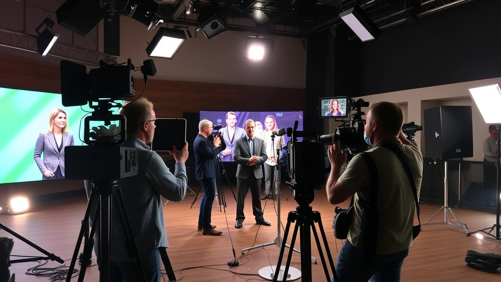 Television production set with cameras and lighting equipment, film crew working on dialogue scene, professional studio environment showing behind-the-scenes entertainment production