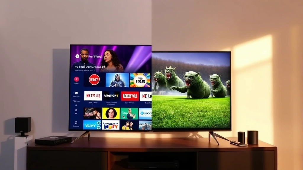 Split-screen showing modern streaming service interface and traditional television broadcast setup, representing media platform evolution and digital entertainment distribution landscape