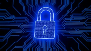 Digital security concept: glowing padlock symbol with blue circuit patterns on dark background, representing copyright protection and intellectual property safeguards in streaming