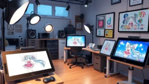Anime production studio setting with animation cels and digital tablets showing magical girl character designs, professional lighting, creative workspace environment
