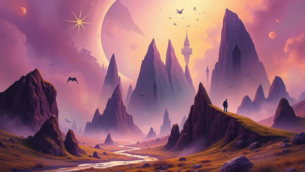 Abstract surreal landscape representing witch domain with impossible geometry, dreamlike color palette of purples and golds, no human figures, digital art style