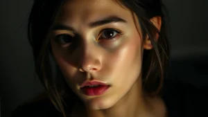 Young professional actress in dramatic scene, intense emotional expression, moody cinema lighting, contemporary television production aesthetic, close-up portrait shot capturing nuanced facial performance