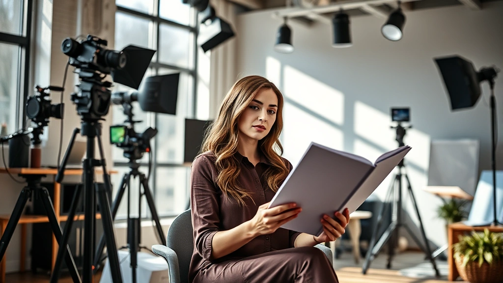 Modern entertainment workspace featuring actress reviewing scripts, natural daylight studio setting, thoughtful contemplative pose, contemporary professional environment, authentic behind-the-scenes creative moment