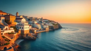 Wide shot of Mediterranean coastline with whitewashed buildings and blue sea during golden hour, vibrant warm lighting, cinematic color grading, no people or text visible
