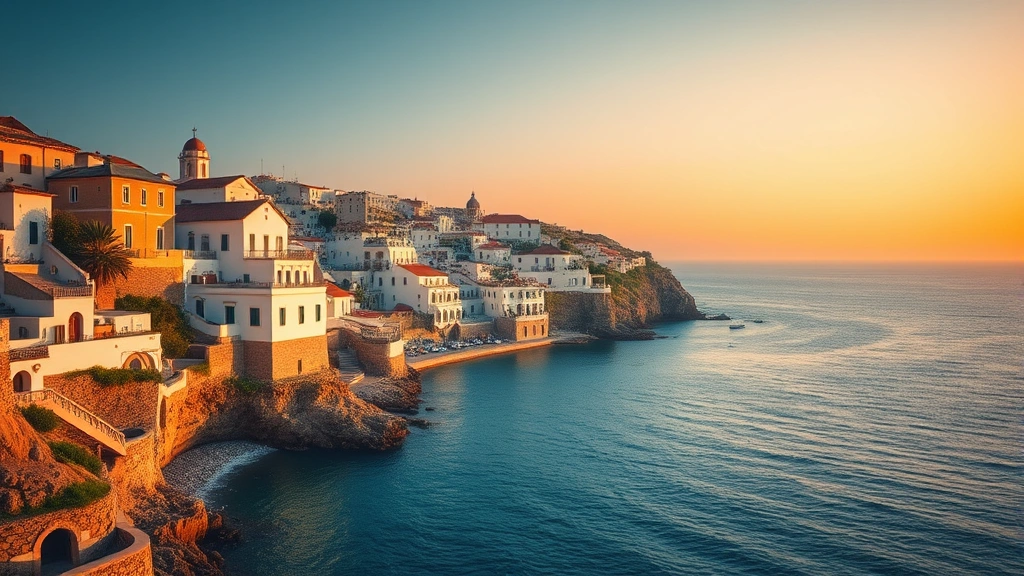 Wide shot of Mediterranean coastline with whitewashed buildings and blue sea during golden hour, vibrant warm lighting, cinematic color grading, no people or text visible