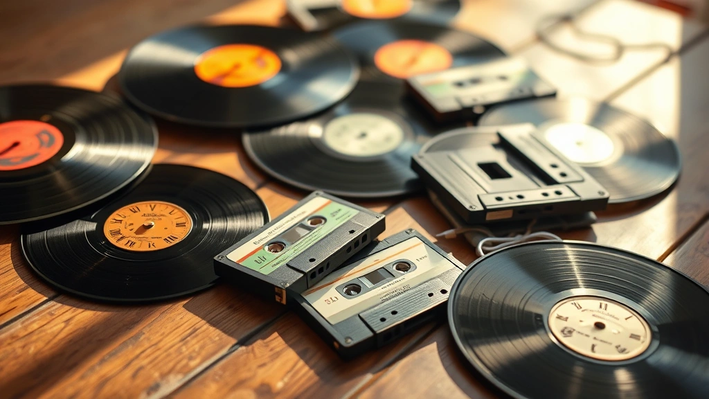 Close-up of vintage vinyl records and cassette tapes scattered on wooden surface with natural sunlight, nostalgic aesthetic, warm color palette, no visible labels or text