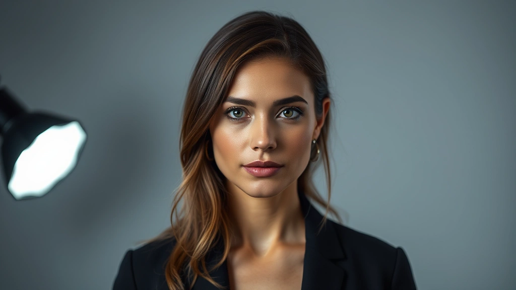 Female actor in professional headshot, serious expression, modern studio lighting, minimalist background, cinematic professional portrait photography