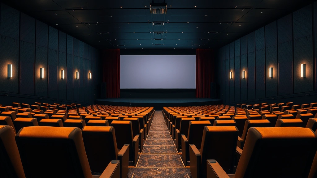 Contemporary movie theater interior with comfortable seating, large screen visible, warm ambient lighting, empty auditorium, modern cinema architecture
