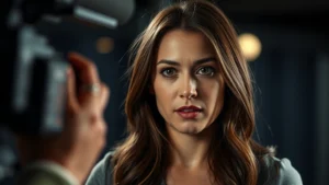 Professional female actor in dramatic scene, intense emotional expression, modern studio lighting, contemporary television production quality, cinematic close-up composition, authentic character work