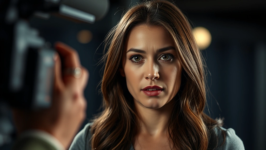 Professional female actor in dramatic scene, intense emotional expression, modern studio lighting, contemporary television production quality, cinematic close-up composition, authentic character work