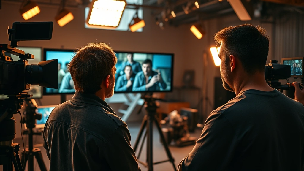 A film director reviewing scenes on a professional cinema monitor in a modern production studio, with warm lighting and professional equipment surrounding them, photorealistic and detailed