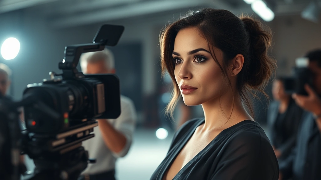 A professional actress in a modern film set, surrounded by camera equipment and production crew in soft focus, capturing the intensity of professional acting performance