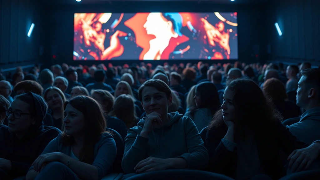 Modern cinema audience watching immersive film experience in contemporary theater setting with dramatic lighting and emotional engagement