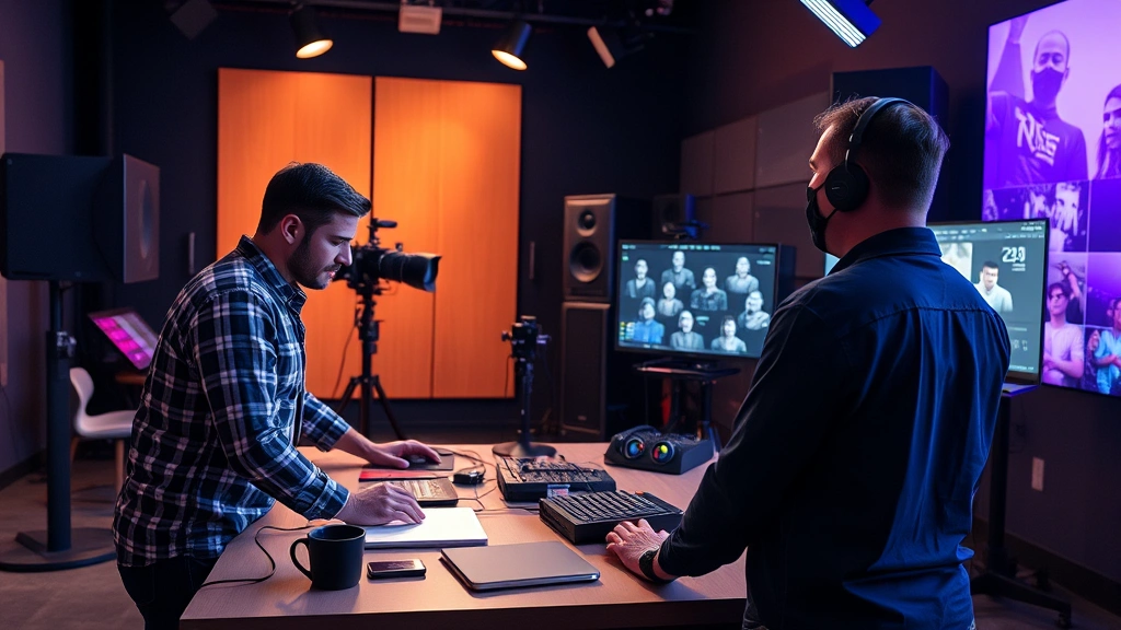 Digital media production team collaborating on creative project using advanced technology and professional equipment in modern studio environment