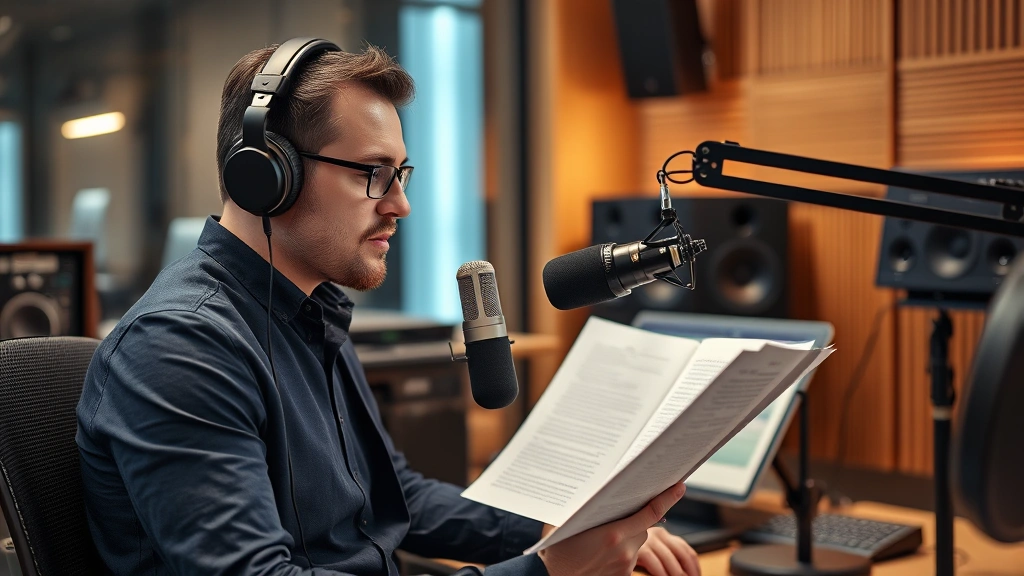 Professional voice actor in recording studio wearing headphones, seated before microphone with script visible, focused concentration on performance, warm studio lighting, modern recording equipment surrounding workspace