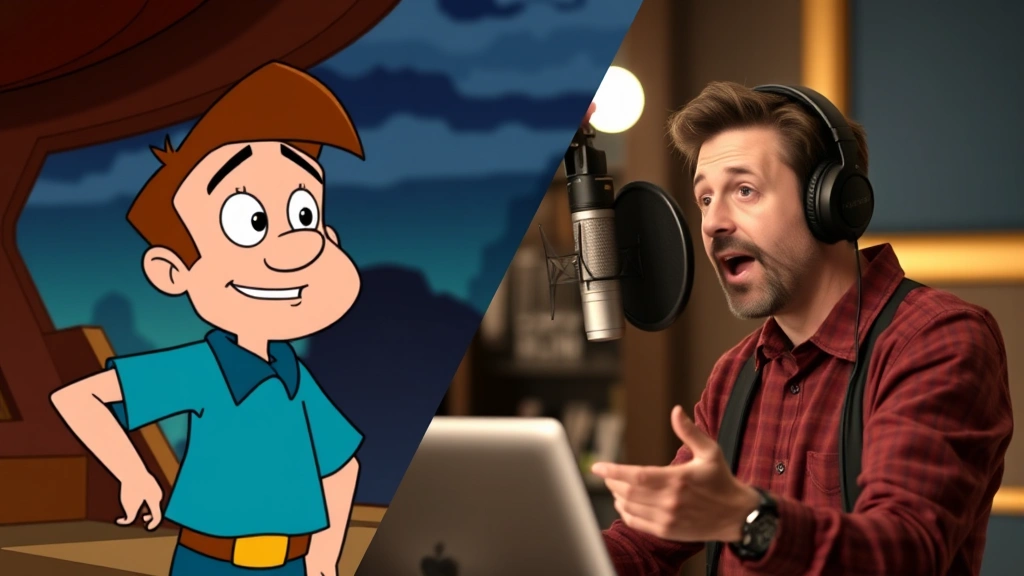 Split-screen composition: left side shows animated character in dramatic scene, right side shows voice actor in booth delivering performance, suggesting connection between vocal and visual storytelling, professional production setting