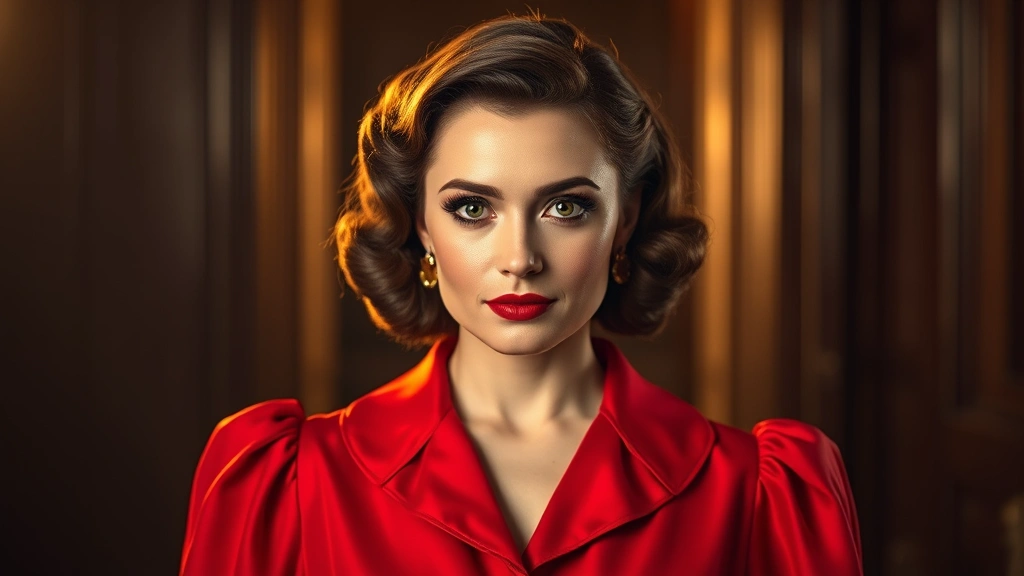 Professional actress in vibrant red period costume from 1940s cinema, dramatic lighting emphasizing strong features and presence, studio photography style, golden hour color grading