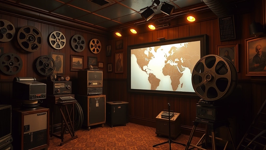 Vintage cinema projection room with classic film reels and projection equipment, warm tungsten lighting, nostalgic media archive atmosphere, photorealistic detail