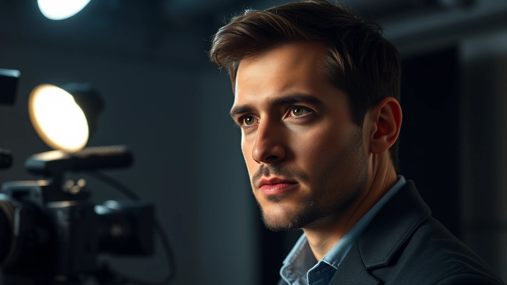 Professional male actor in dramatic scene, serious expression, studio lighting, contemporary film production setting, photorealistic cinematic quality