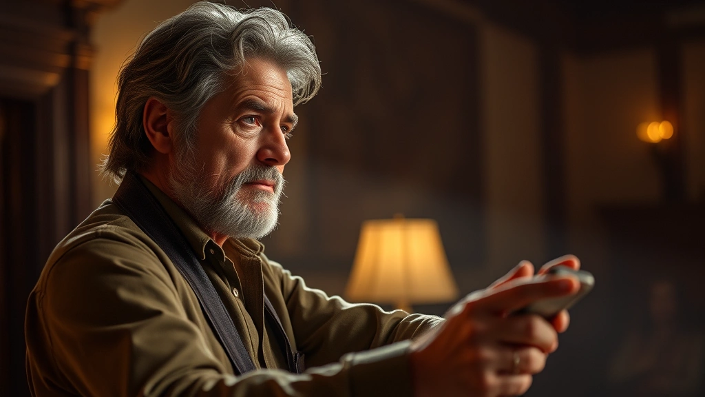 Seasoned performer in character-driven moment, mature actor demonstrating range, professional cinematography, warm theatrical lighting, authentic dramatic performance