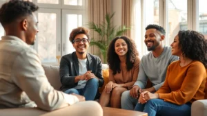 Professional diverse cast members in warm, well-lit modern living room setting, engaged in genuine conversation and laughter, comfortable furniture arrangement, natural afternoon lighting through windows, candid moment of connection
