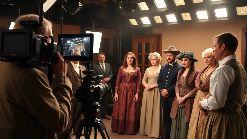 Behind-the-scenes film production with diverse actors in period costume pieces on professional set, director reviewing monitor, camera equipment visible, collaborative creative atmosphere, professional studio lighting setup
