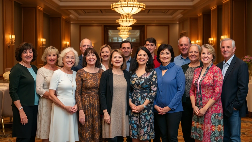 Diverse ensemble cast group portrait in elegant community center or event space setting, genuine smiles and relaxed postures, warm professional lighting, representing different ages and backgrounds standing together