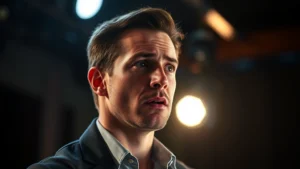 Professional male actor in dramatic scene, intense emotional expression during performance, theatrical stage lighting and cinematic depth of field, modern film set environment