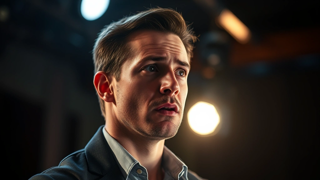 Professional male actor in dramatic scene, intense emotional expression during performance, theatrical stage lighting and cinematic depth of field, modern film set environment