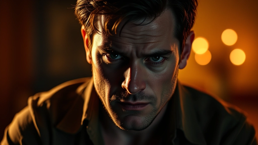 Actor in character portraying troubled protagonist, psychological intensity conveyed through facial expression and body language, professional cinematography with warm dramatic lighting