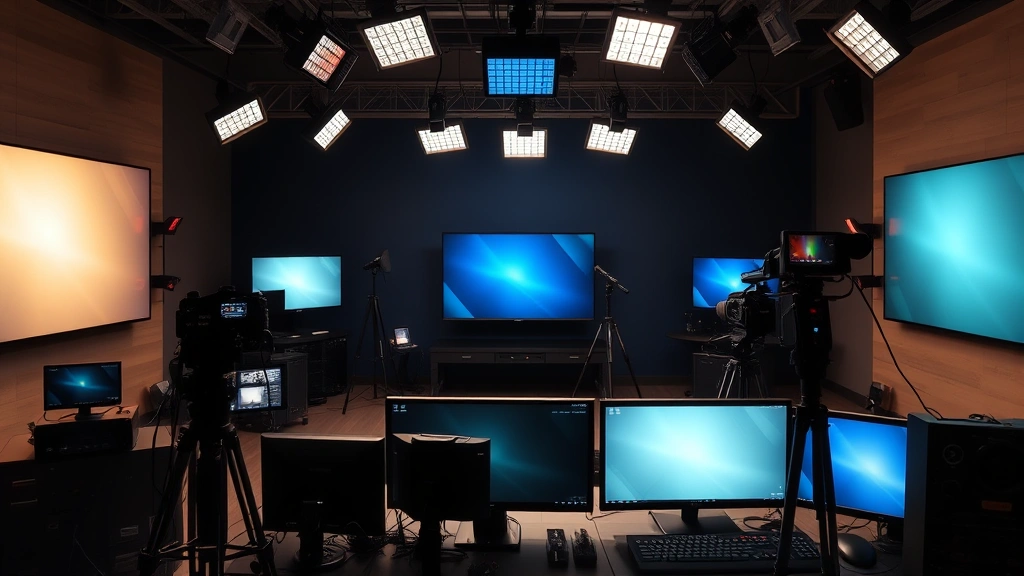 Television production control room with monitors and equipment, broadcast studio setup with professional lighting rigs and camera positions, contemporary media production environment
