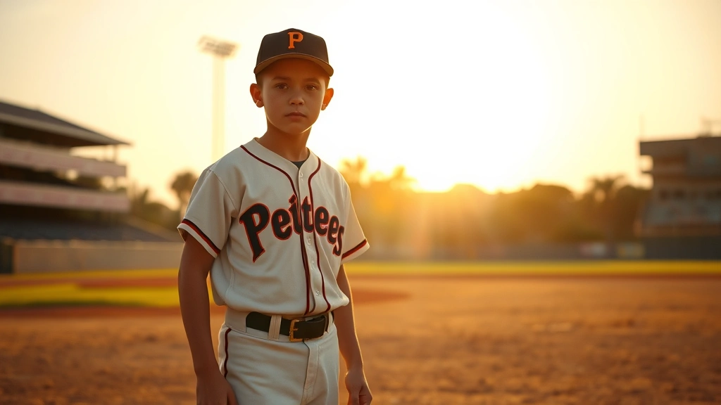 Young baseball player in vintage uniform standing confidently on dirt field during golden hour, sun-drenched summer afternoon lighting, authentic 1960s-inspired setting, photorealistic cinematic quality