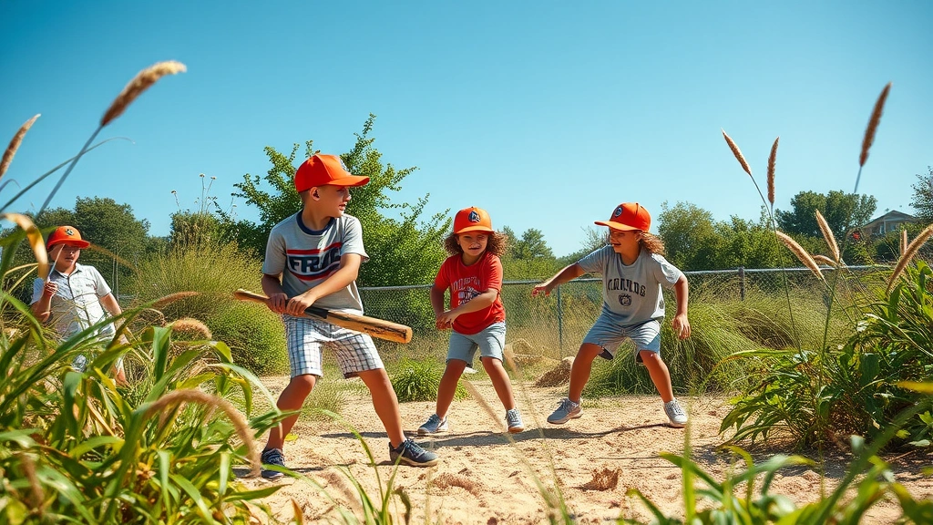 Group of young friends playing baseball in overgrown sandlot, summer day with clear blue sky, action-focused composition showing dynamic gameplay and genuine childhood joy, warm natural lighting