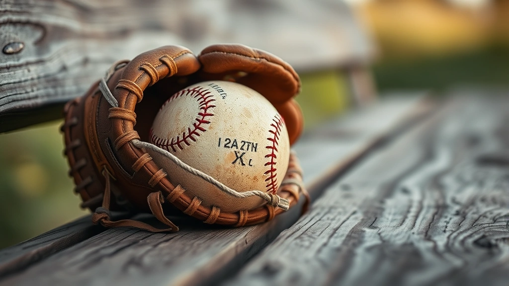 Close-up of vintage baseball glove and ball resting on weathered wooden bench, nostalgic summer sports equipment, shallow depth of field, soft afternoon lighting creating atmospheric mood