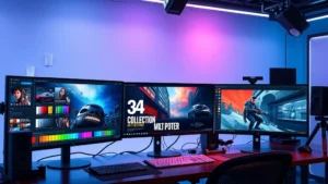 Digital artist workspace with multiple monitor displays showing movie poster design software, vibrant color swatches, and character concept art in progress, modern studio lighting, professional creative environment without text or interface elements visible