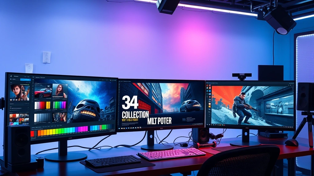 Digital artist workspace with multiple monitor displays showing movie poster design software, vibrant color swatches, and character concept art in progress, modern studio lighting, professional creative environment without text or interface elements visible