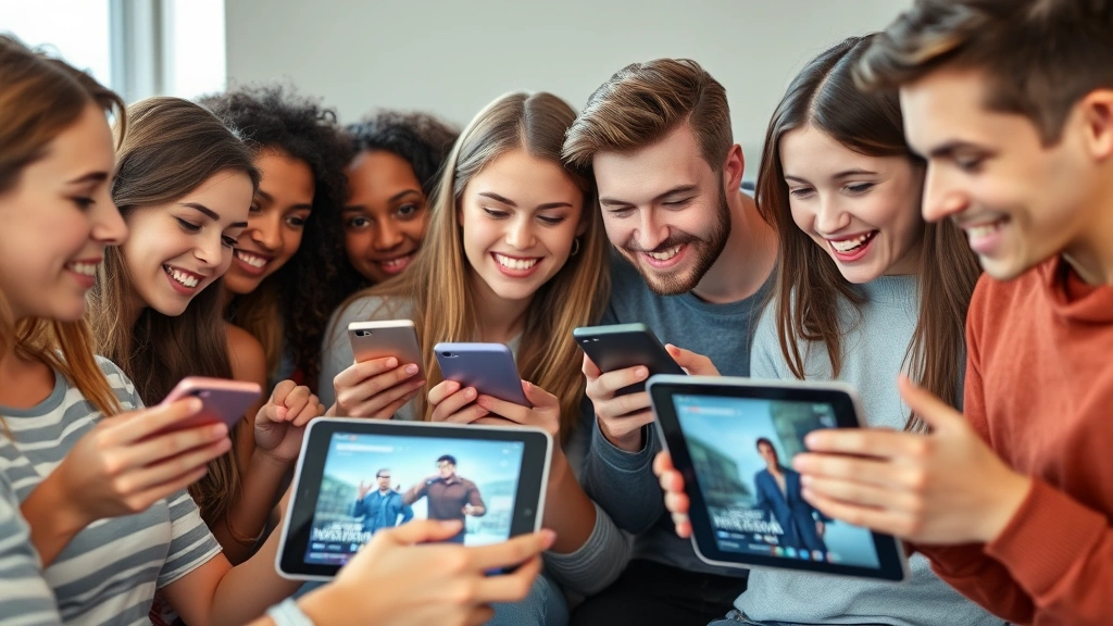 Diverse group of young people in casual settings looking at smartphones and tablets displaying movie promotional content, engaged expressions showing discussion and reaction, natural indoor lighting, social media engagement scenario