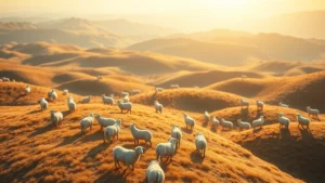 A expansive blocky landscape with rolling hills and multiple white and colored sheep grazing peacefully among geometric terrain features, golden sunlight casting long shadows, photorealistic texturing with depth of field blur in background, cinematic composition