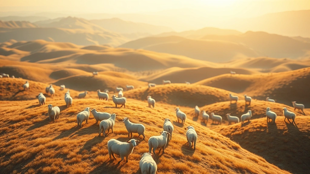A expansive blocky landscape with rolling hills and multiple white and colored sheep grazing peacefully among geometric terrain features, golden sunlight casting long shadows, photorealistic texturing with depth of field blur in background, cinematic composition