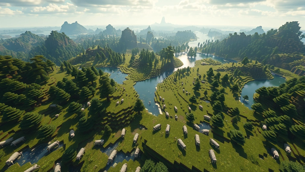 Wide aerial view of a diverse biome landscape from the Minecraft Movie featuring sheep scattered throughout varied environments including forests, grasslands, and water features, showcasing world-building scope and environmental storytelling with cinematic color grading