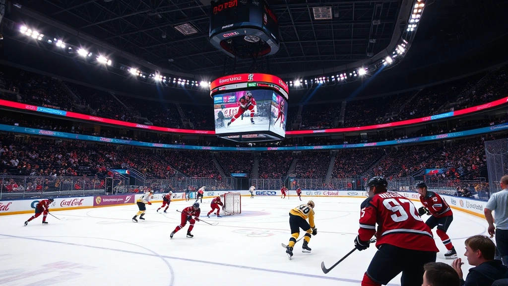 Dynamic hockey arena scene with players in action on ice, intense competition moment, Olympic stadium lighting, professional sports photography, no text or scoreboard visible