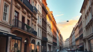 Vibrant European city streets with elegant architecture, professional cinematography style, golden hour lighting, no text or watermarks, romantic travel aesthetic