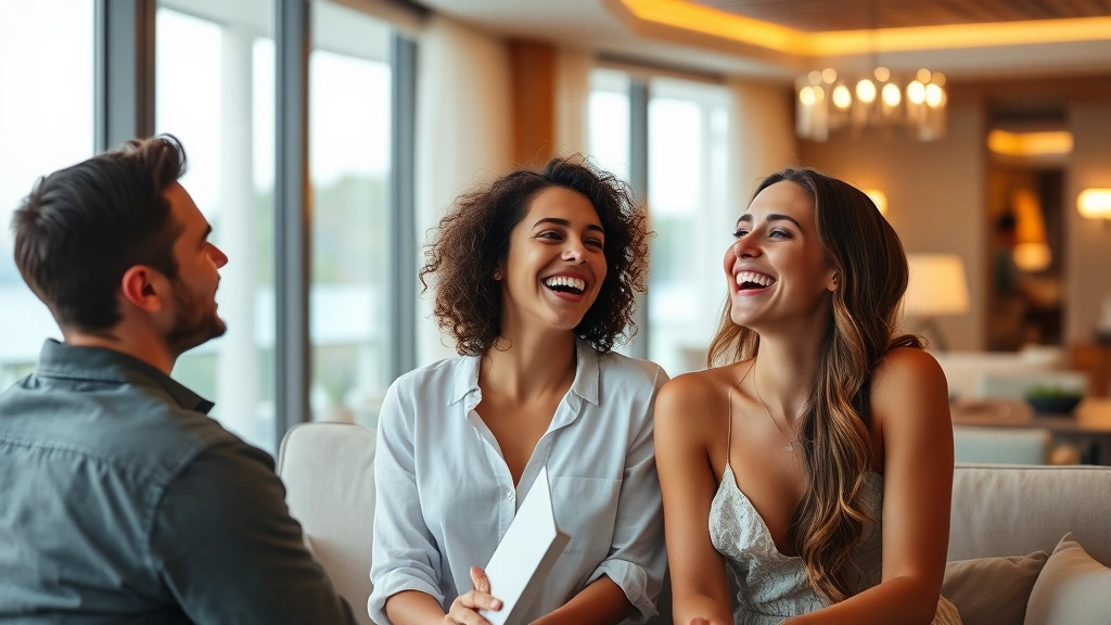 Young adults laughing together in luxury resort setting, natural candid moment, warm lighting, sophisticated European interior design visible, no screens or interfaces