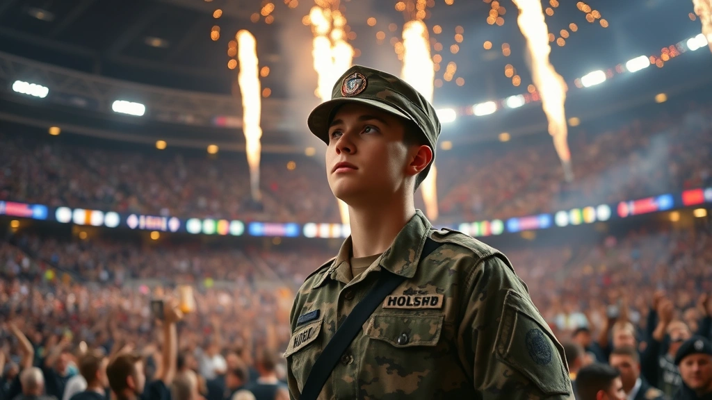 Young soldier in military uniform standing in crowded stadium during halftime show, surrounded by pyrotechnics and bright lights, looking disoriented and detached from celebration happening around him, photorealistic, emotional alienation
