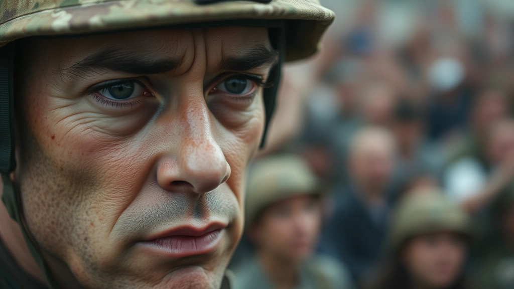 Close-up of soldier's face showing subtle PTSD symptoms - distant eyes, tension in jaw, hypervigilance expression, in contrast to cheering crowd blurred in background, photorealistic, introspective emotion captured
