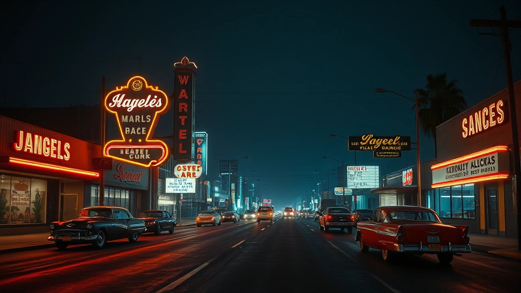 1950s Los Angeles nighttime cityscape with neon signs and vintage automobiles, moody blue and amber lighting, empty streets reflecting wet pavement, film noir atmosphere