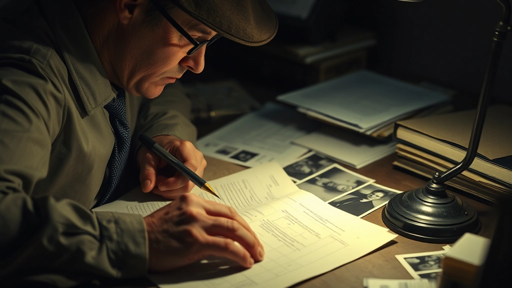 Close-up of a detective examining evidence files and photographs under dim desk lamp, papers scattered, vintage 1950s office setting, dramatic shadows across documents