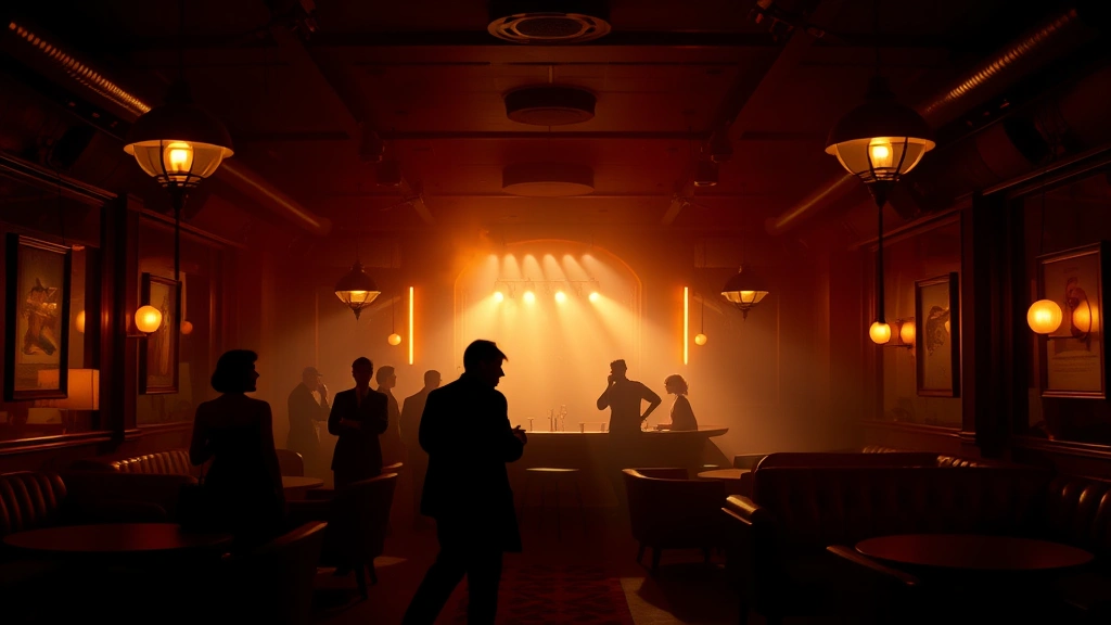 Interior of a dimly lit 1950s lounge or nightclub with silhouetted figures, dramatic backlighting, vintage furnishings, atmospheric smoke and shadows, film noir aesthetic