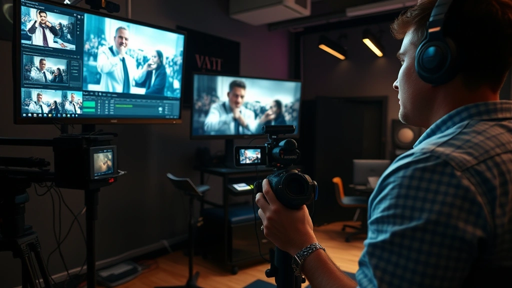 Cinematic shot of a filmmaker reviewing footage on professional monitors in a modern editing suite, surrounded by color grading equipment and cinematography references, photorealistic studio environment