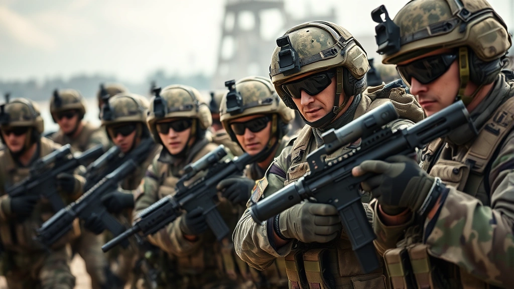 Diverse military personnel in tactical gear during an intense training exercise, emphasizing authentic military procedure and contemporary soldier representation, dramatic natural lighting